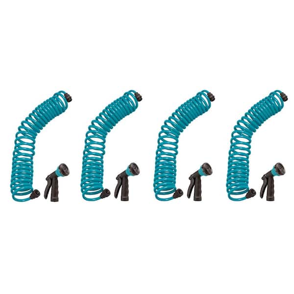 Unbranded 3/8 in. x 25 ft. Teal Coil Garden Hose with ABS Threads and 8 Pattern Nozzle (4-Pack)
