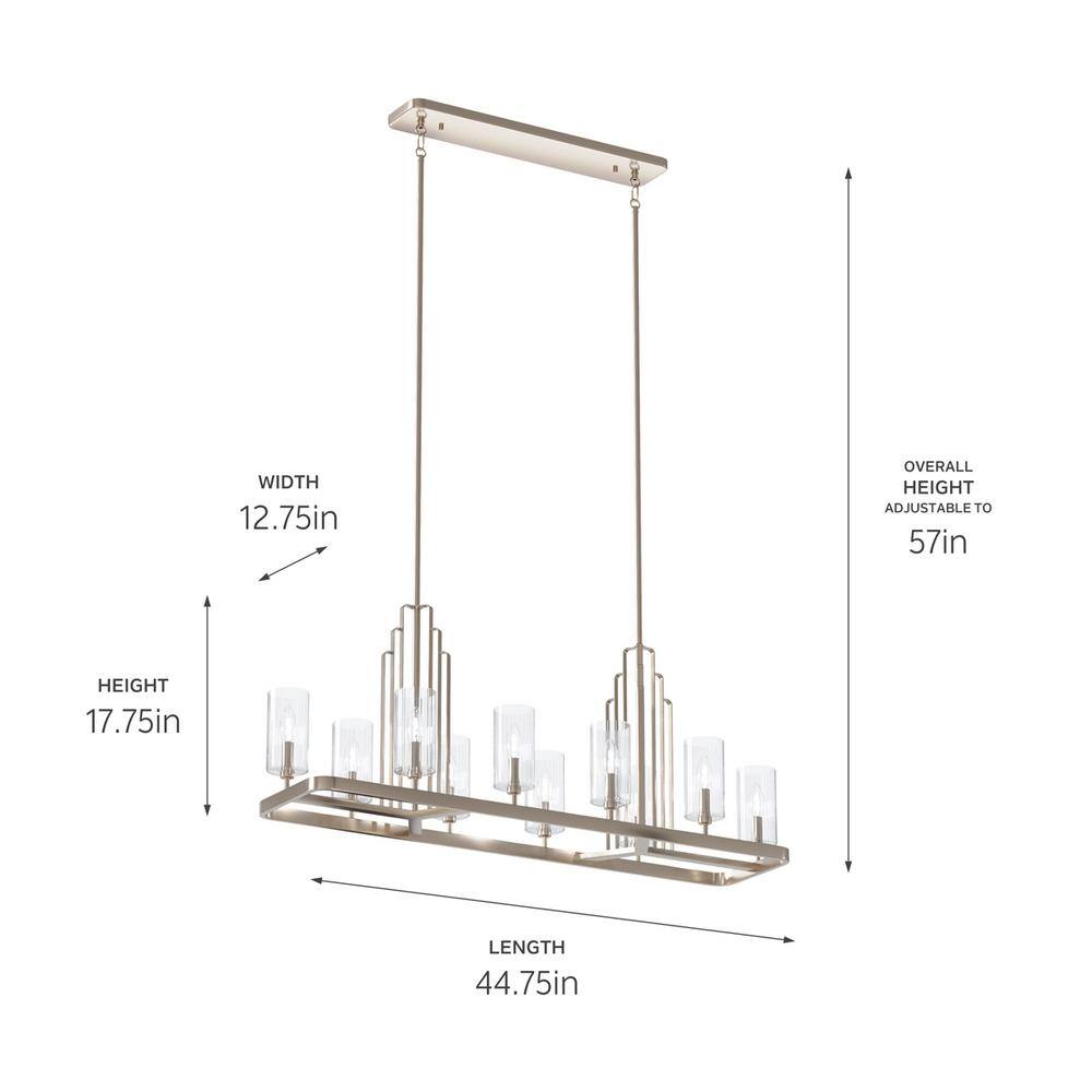 Kimrose Polished Nickel 10-Light Linear Chandelier with Clear Fluted Glass