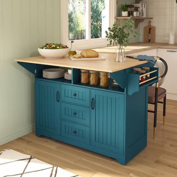 Cesicia Farmhouse Green Wood 55.7 in. Power Outlet Dual Drop-Leaf
