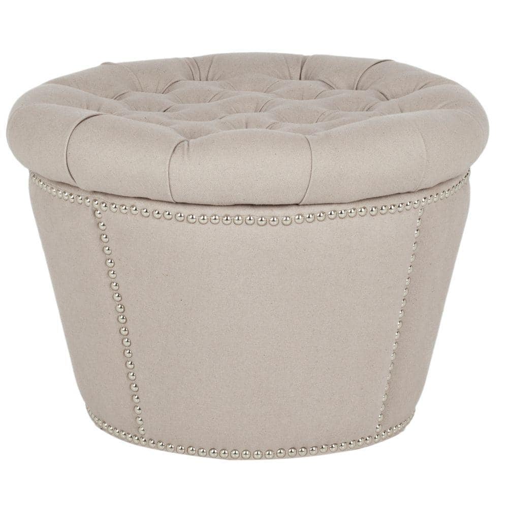 Taupe Tufted Linen Circle Ottoman with Nailhead Trim