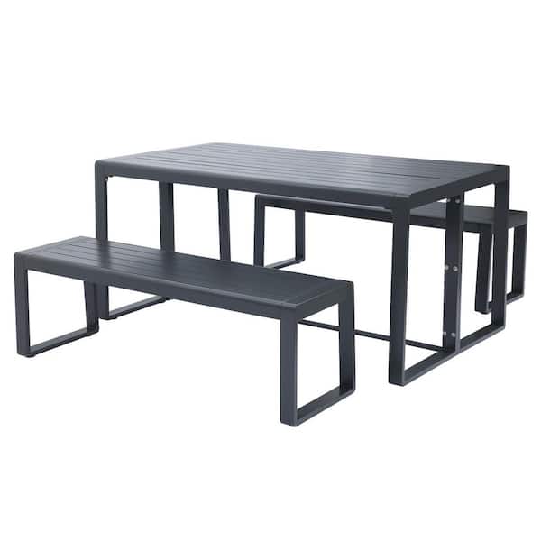 Aoodor 37 in. Black Rectangle Aluminum Patio Picnic Tables with Bench Seats 6-People