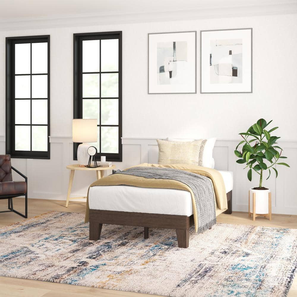 Walnut Twin Wood Platform Bed with Headboard and Drawer