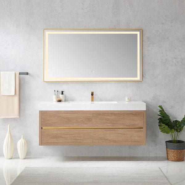 Palencia 60 in. W x 20 in. D x 24 in. H Single Sink Bath Vanity in N.American Oak W/White Composite Stone Top and Mirror