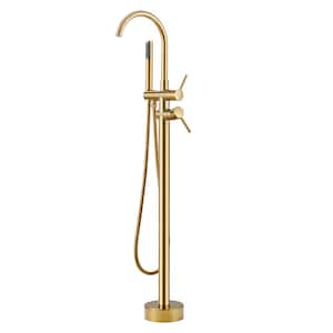 Waterfall Single-Handle Floor Mount Freestanding Tub Faucet Bathtub Filler with Hand Shower in. Polish Gold