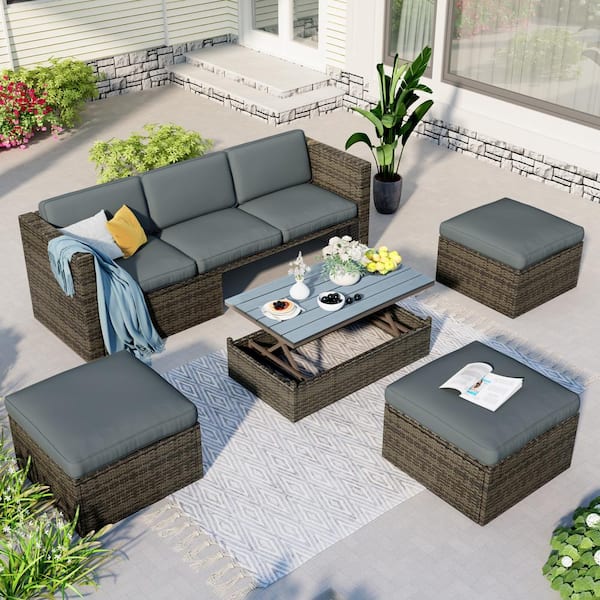 5-Piece Wicker Outdoor Sofa Sectional Set with Gray Cushions, Adjustable Backrest, Lift Top Coffee Table and Ottomans