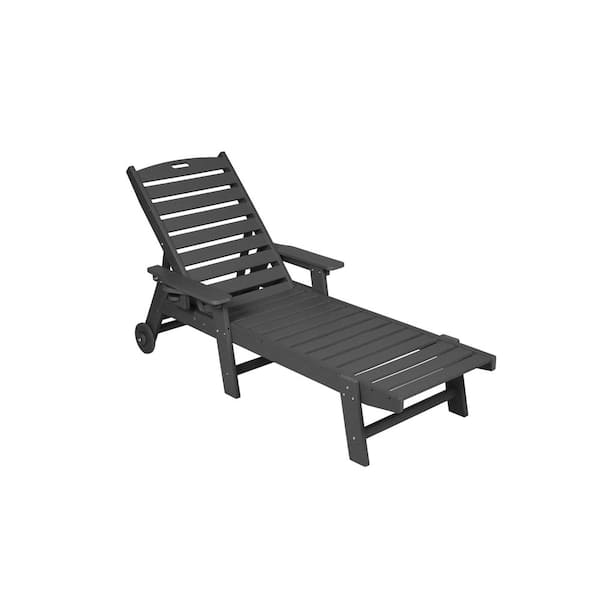 Unbranded Outdoor and Garden Patio HDPE Chaise Lounge Chair with Wood Texture, 5-Positions, Wheels, Cup Holder, Black
