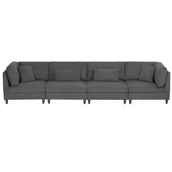 Uixe 163.6 in. Square Arm 4-Piece Rectangle Shaped Corduroy Fabric Modular Free Combination Sectional Sofa in Gray