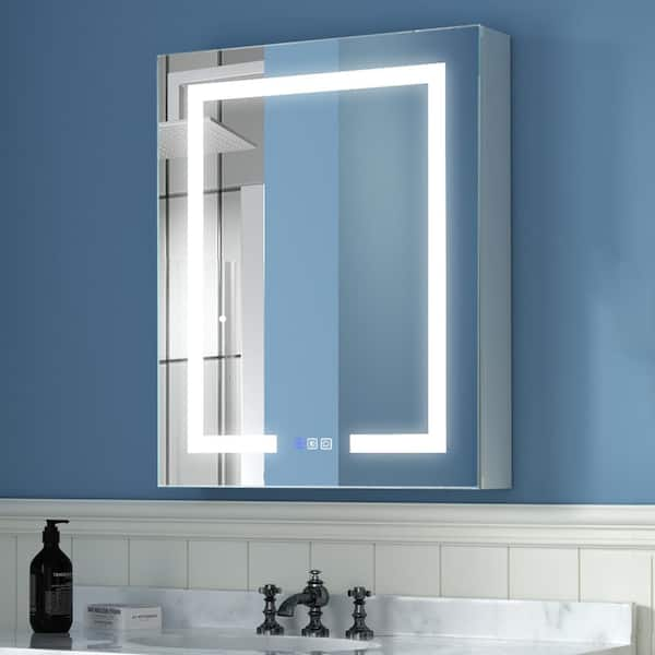 24 in. W x 30 in. H Rectangular Silver Aluminum Recessed/Surface Mount Left Dimmable Medicine Cabinet with Mirror