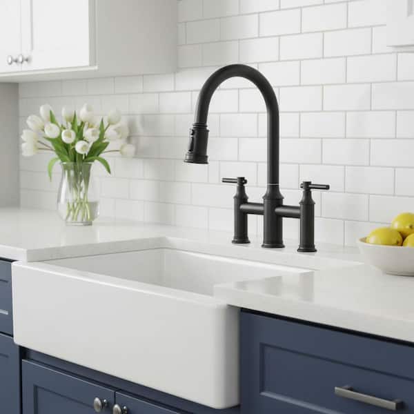 Brass Double Handles High Arc Bridge Kitchen Faucet with 3-Spray Modes Pull Down Sprayer and in Matte Black