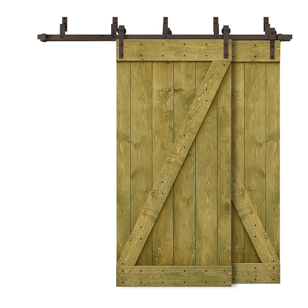 CALHOME 44 in. x 84 in. Z-Bar Bypass Jungle Green Stained DIY Solid Wood Interior Double Sliding Barn Door with Hardware Kit