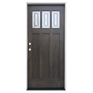 36 in. x 80 in. Ash Right-Hand Inswing 3-Lite Decorative Glass Stained Mahogany Prehung Front Door with 6-9/16 in. Jamb