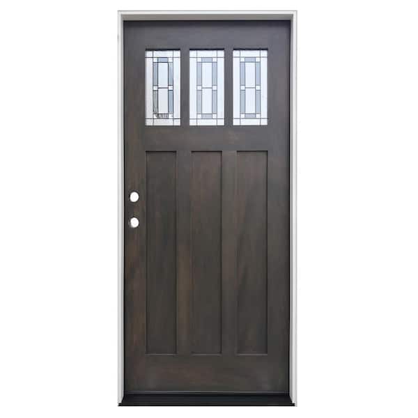 Pacific Entries 36 in. x 80 in. Ash Right-Hand Inswing 3-Lite Decorative Glass Stained Mahogany Prehung Front Door with 6-9/16 in. Jamb