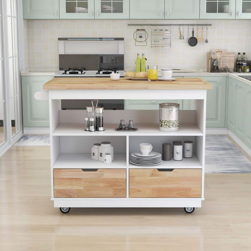 White Wood Kitchen Cart with Storage, Two-sided Kitchen Island with Rubber 