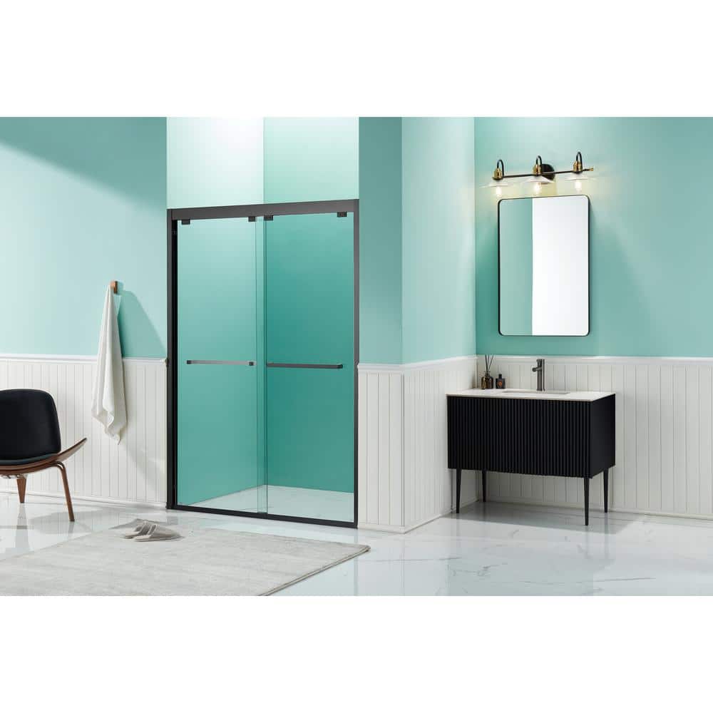 60" Matte Black Semi-Frameless Sliding Shower Door with Clear Glass