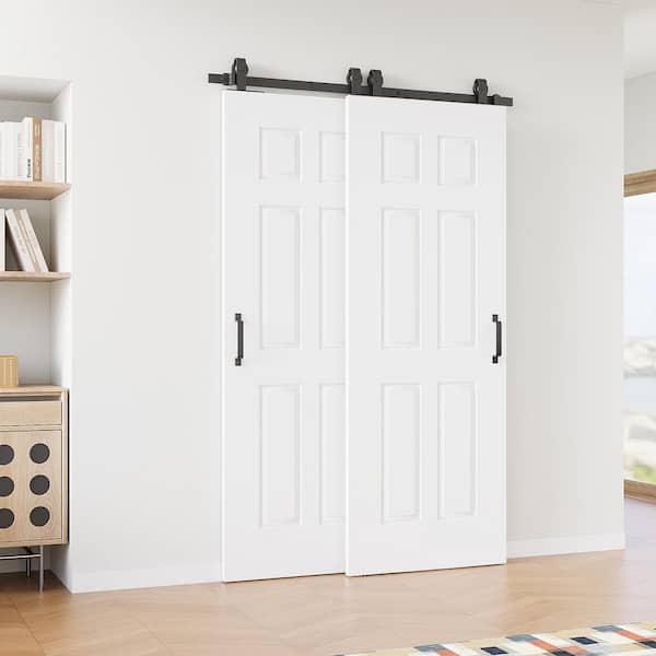 52 in. x 80 in. (Double 30 in.) 6-Panel Molded White Primed Solid Core MDF Sliding Barn Door with Hardware Kit Bypass