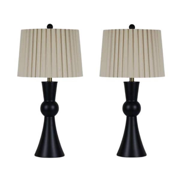 Fangio Lighting Pair of 27 in. Black Metal Column Table Lamps with Designer Mini-Fluted Shades