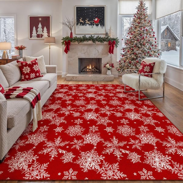 Christmas 8 ft. x 10 ft. Red Snowflakes Area Rug