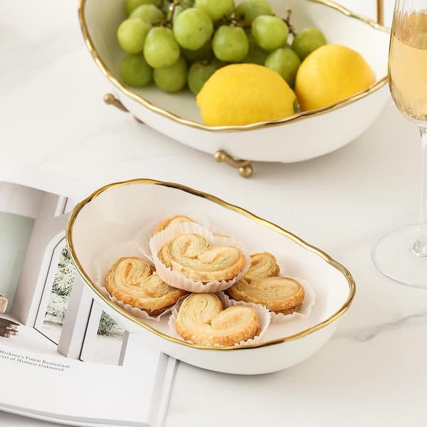 1-Piece 3-Tier Gold-Rimmed Ceramic Fruit Basket with Metal Stand, Tiered Fruit Stand for Kitchen Counter Decor, Snack