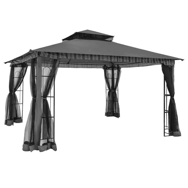 11 ft. x 13 ft. Black Double Tier Roof gazebos with Netting for Patio, Display Shelves for Patio