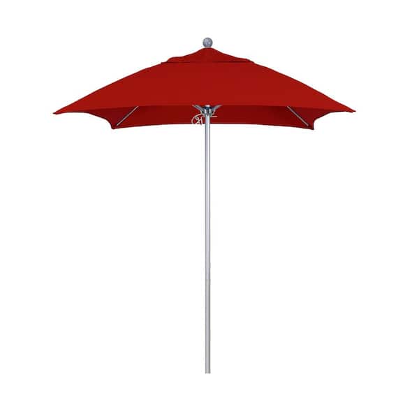 California Umbrella 6 ft. Square Silver Aluminum Commercial Market Patio Umbrella with Fiberglass Ribs and Push Lift in Jockey Red Sunbrella