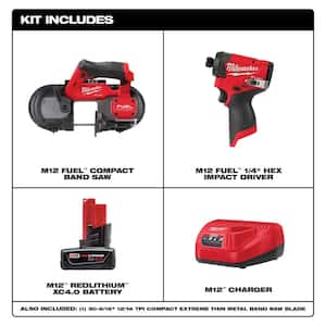 M12 FUEL 12-Volt Lithium-Ion Cordless Compact Band Saw and M12 FUEL 1/4 in. Hex Impact Driver with Battery and Charger