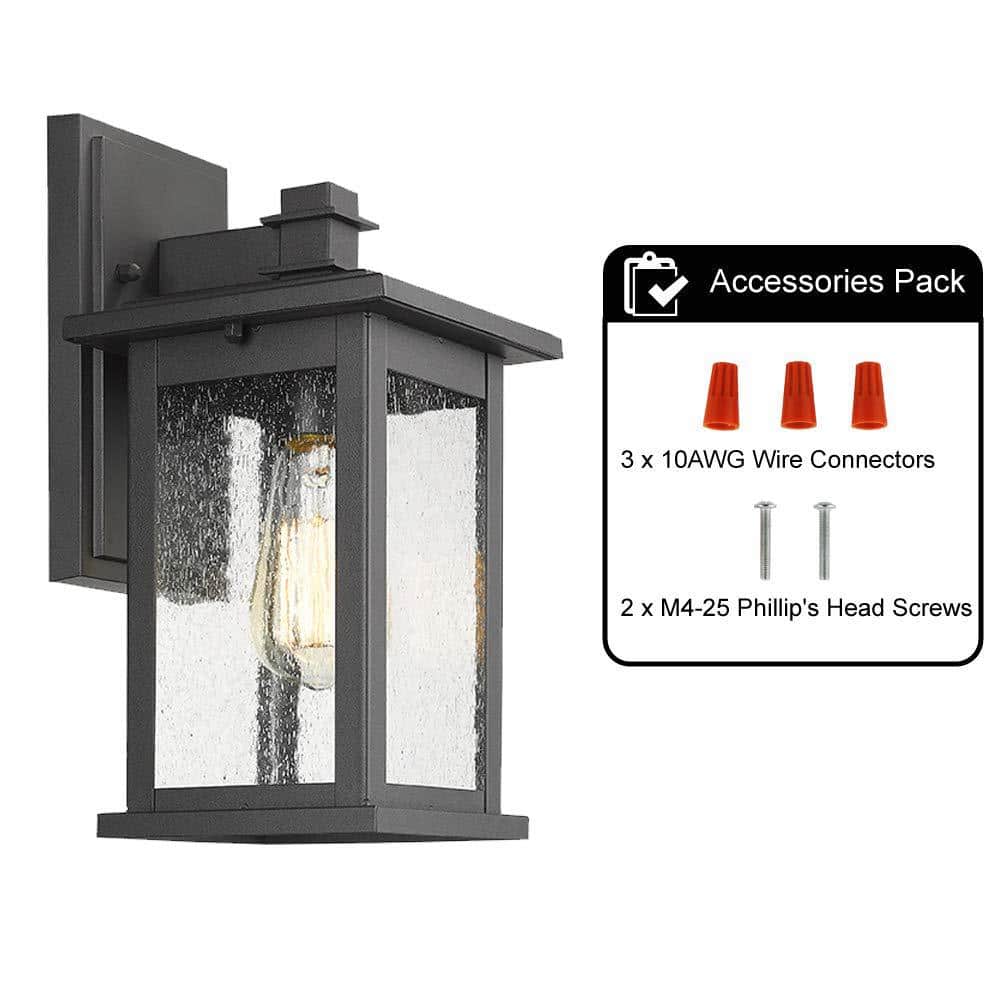 Medium Black Aluminum Outdoor Lantern Sconce with Seeded Glass