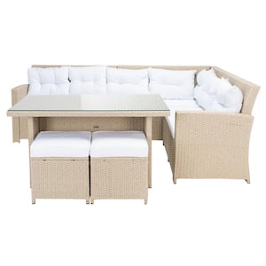 Miki Beige 5-Piece Wicker Outdoor Patio Dining Set with White Cushions
