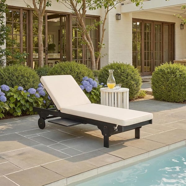 Newport Black 1-Piece Wood Outdoor Chaise Lounge Chair with White Cushion