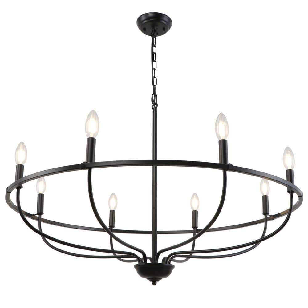 8-Light Black Vintage Candle Round Farmhouse Chandelier for Living Room Din