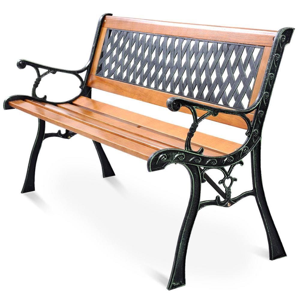 49.5'' Black Iron and Natural Wood Outdoor Garden Bench