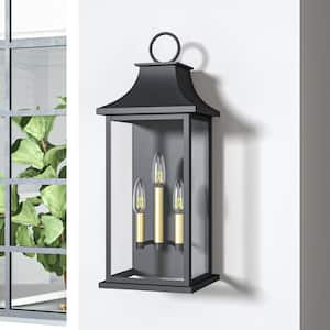 Decorators 25 in. 3-Light Black Traditional Dusk to Dawn Outdoor Hardwired Wall Lantern Sconce with No Bulbs Included