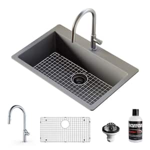 QT-812 qt. 33 in. Single Bowl Drop-In Kitchen Sink in Grey with Faucet in Stainless Steel