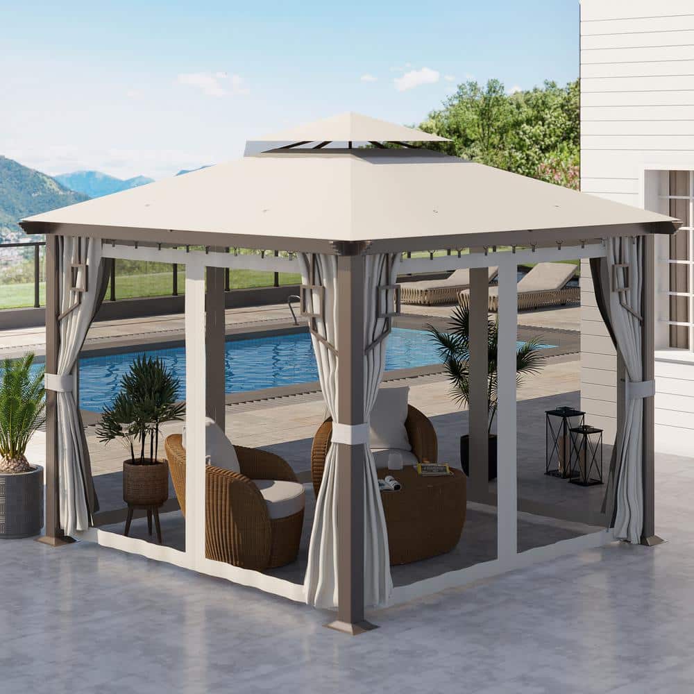 Cream White 10' x 10' Aluminum Frame Patio Gazebo with Netting and Curtains