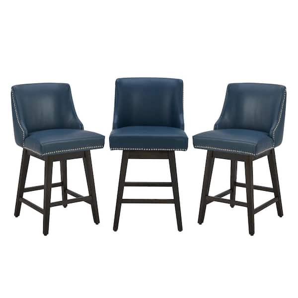 Martin 26 in. Blue High Back Solid Wood Frame Swivel Counter Height Bar Stool with Faux Leather Seat(Set of 3)