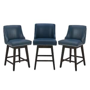 Martin 26 in. Blue High Back Solid Wood Frame Swivel Counter Height Bar Stool with Faux Leather Seat(Set of 2)