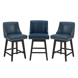 Martin 26 in. Blue High Back Solid Wood Frame Swivel Counter Height Bar Stool with Faux Leather Seat(Set of 3)