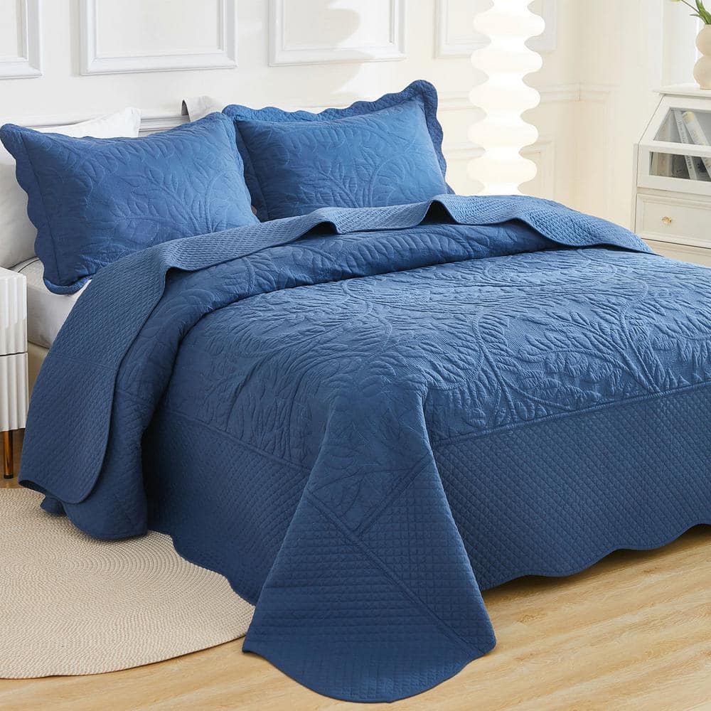 Navy Cotton Queen Embroidered Bedspread Set
