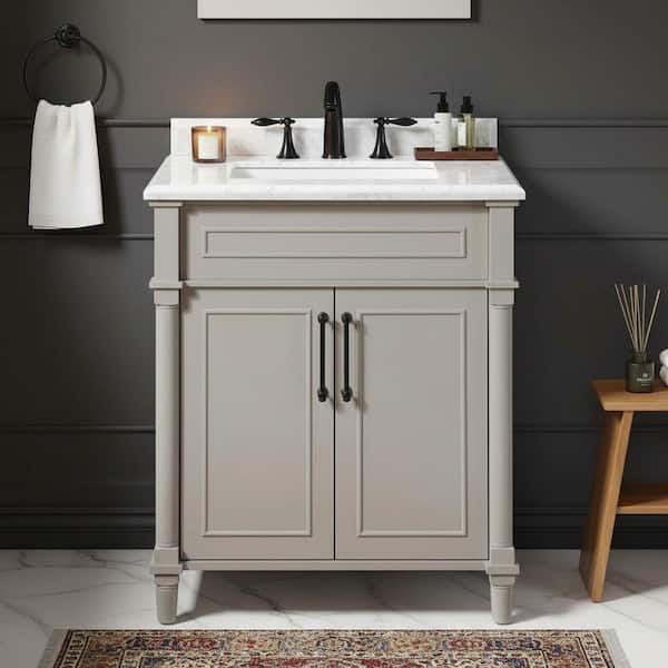 Aberdeen 30 in. Single Sink Freestanding Greige Bath Vanity with Carrara Marble Top (Assembled)