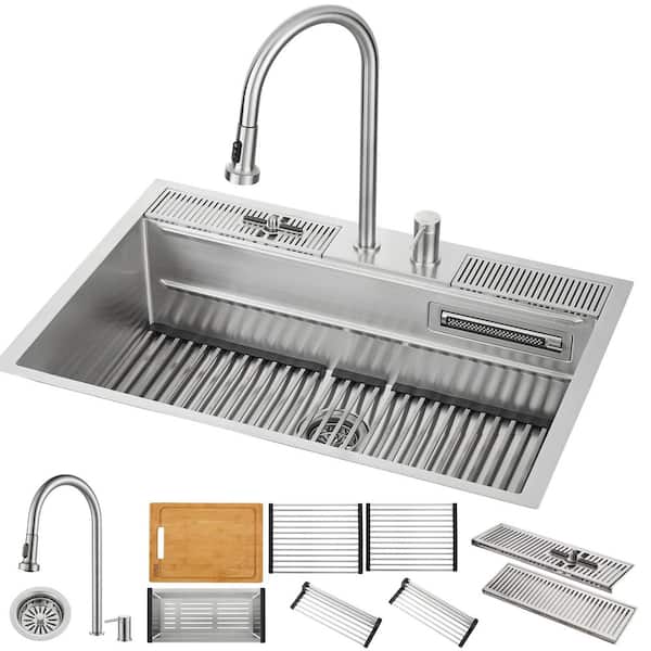 33 in. Drop-In/Undermount 3 Level Workstation Sink with Faucet, Waterfall and Glass Rinser, Stainless Steel