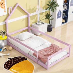 Pink Wood Frame Twin Size House Floor Bed with Chimney Design and Fence Guardrails