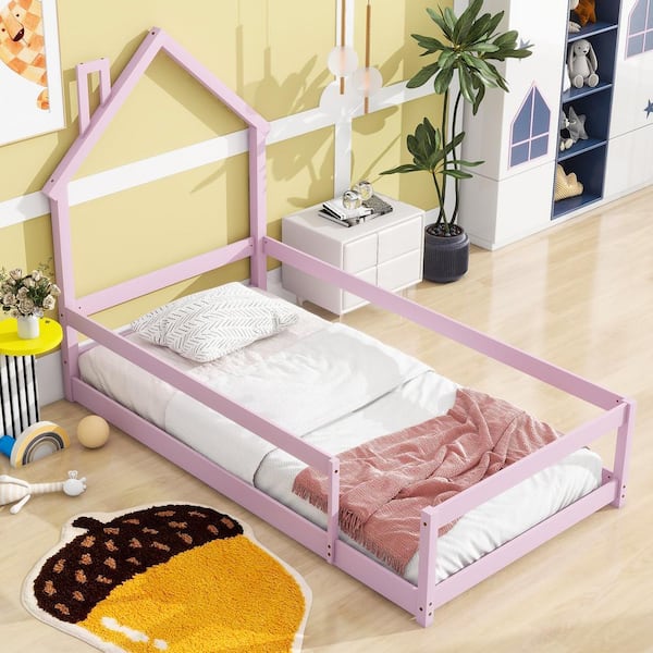 Harper & Bright Designs Pink Wood Frame Twin Size House Floor Bed with Chimney Design and Fence Guardrails