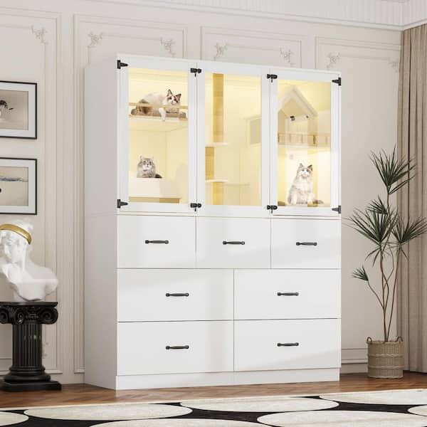 2-in-1 Storage Cabinet and Cat Litter Box Enclosure Cat Bed with Scratching Pad, Large Cat House with 7-Drawers, White
