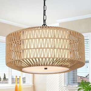 Boho 19 in. 4-Light Beige Pendant Light Chandelier with Rattan and Fabric Shade