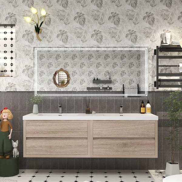 Louis 71 in. W x 20 in. D x 22 in. H Double Sink Floating Bath Vanity in White Oak with White Acrylic Top