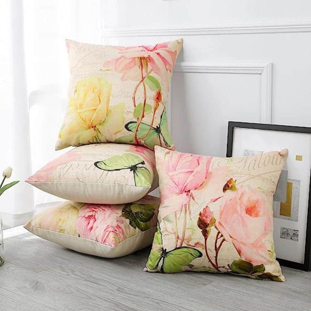 18x18 Inch Pink Roses and Butterfly Waterproof Euro Pillow Covers