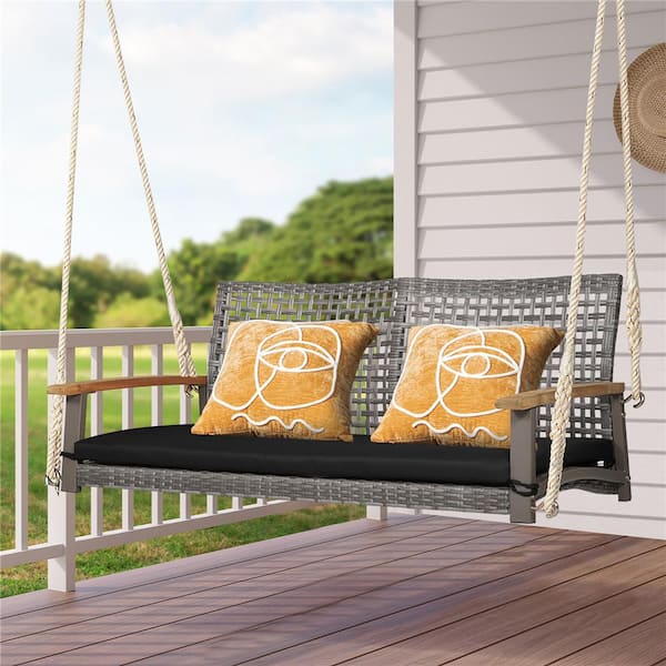 2-Person Patio Wood Wicker Hanging Swing Chair Loveseat Cushion Porch in Black