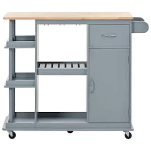 Blue Wood 40 in. Kitchen Island with Rubber Wood Top, Adjustable Storage Shelves, 5-Wheels