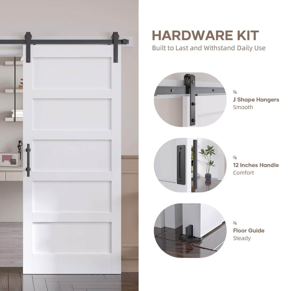 28x84 Inch White 5-Panel MDF Barn Door with Hardware Kit