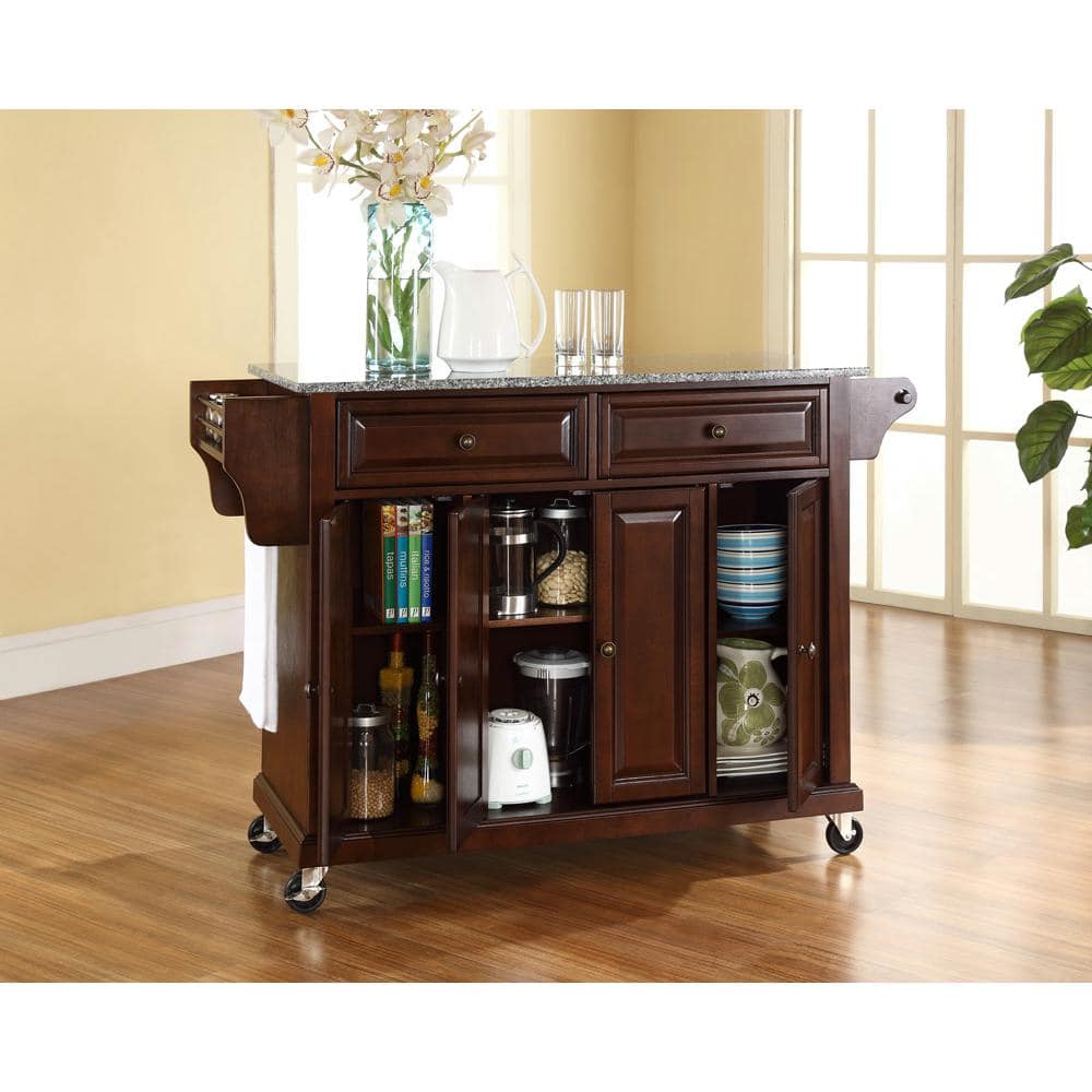 Mahogany Granite Top 46" Kitchen Cart with Spice Rack and Storage