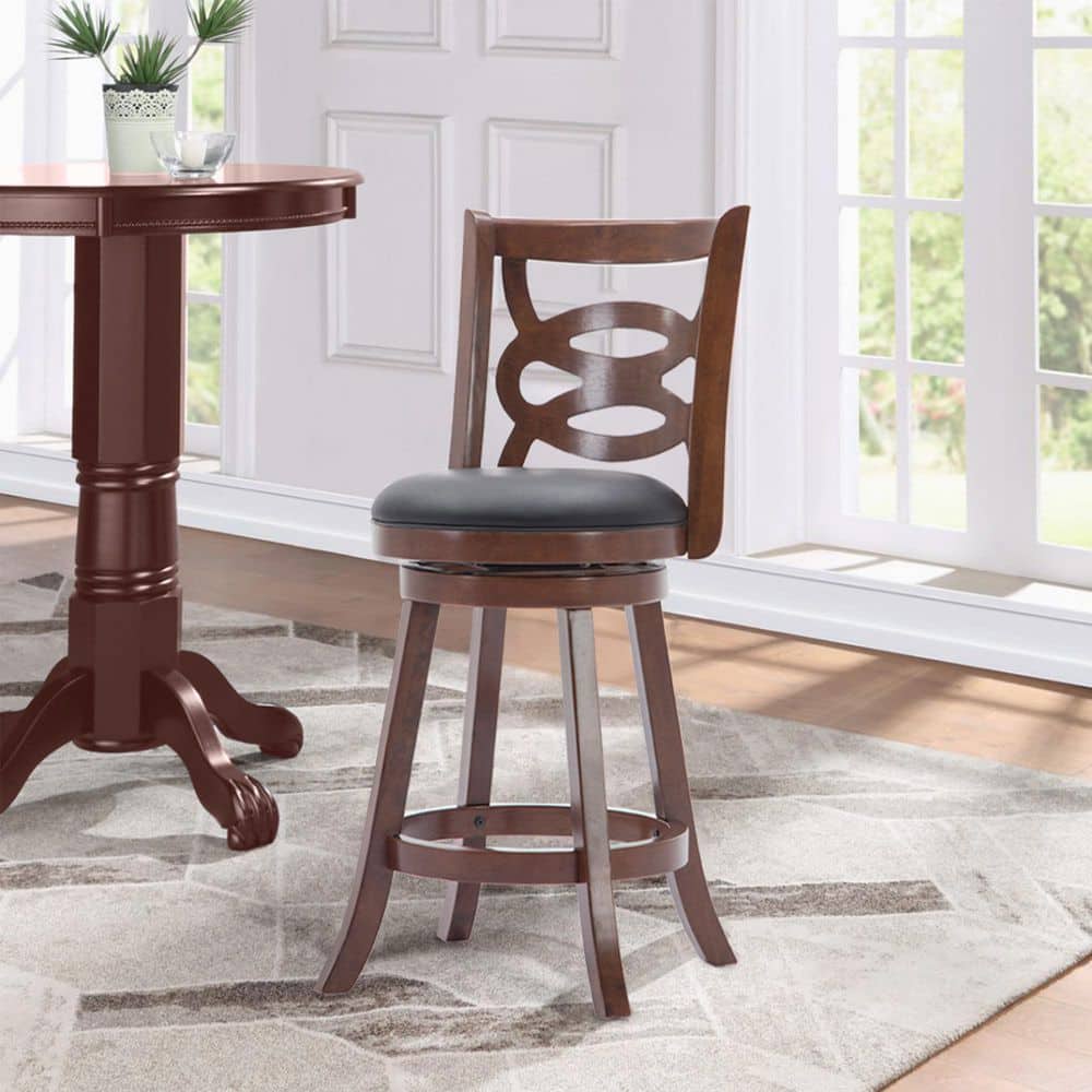 Cherry Wood Swivel Bar Stool with Leatherette Seat